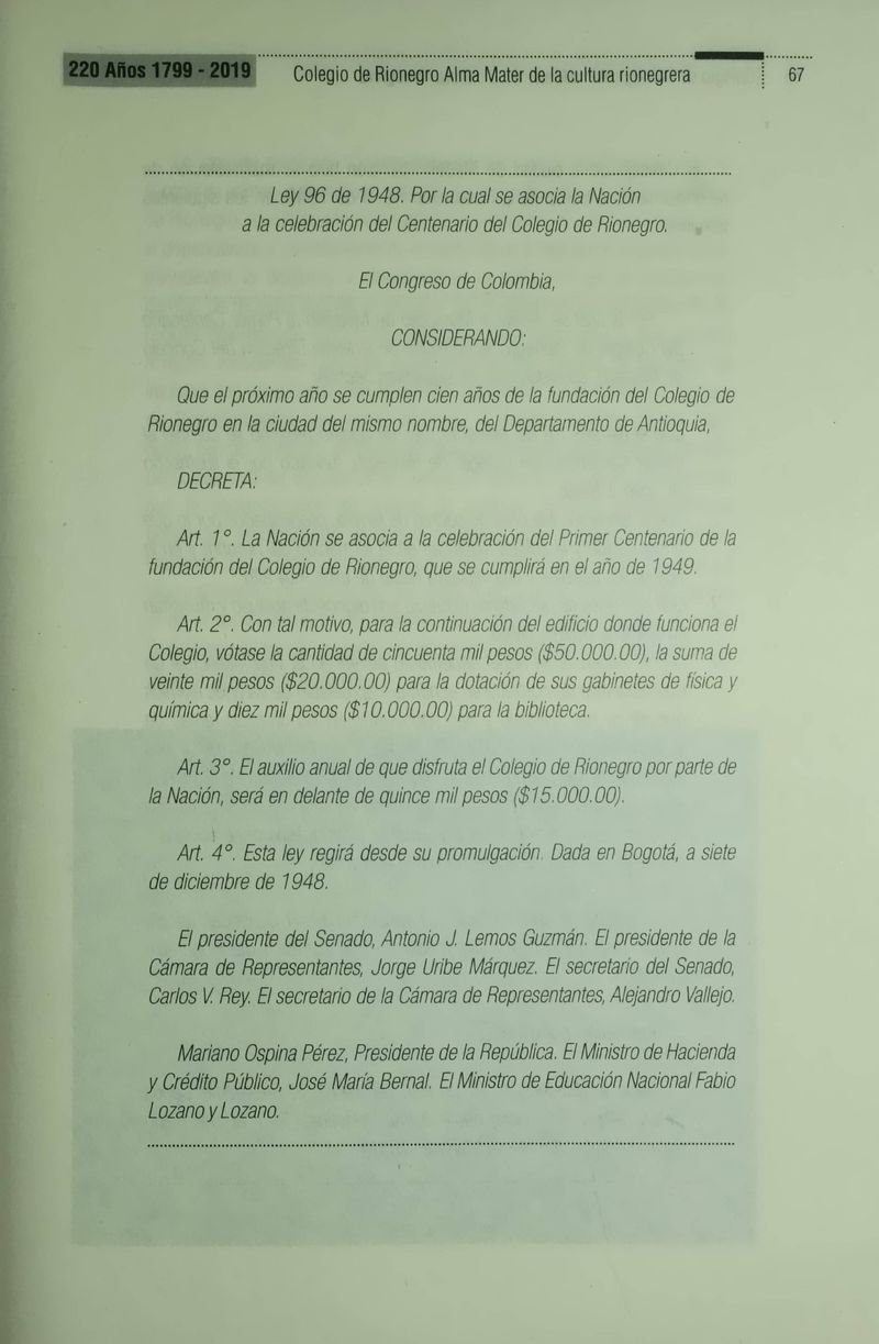 Pagina 70 de Colegio de Rionegro 1799 - 2019: Alma Máter de la Cultura de la Rionegrera