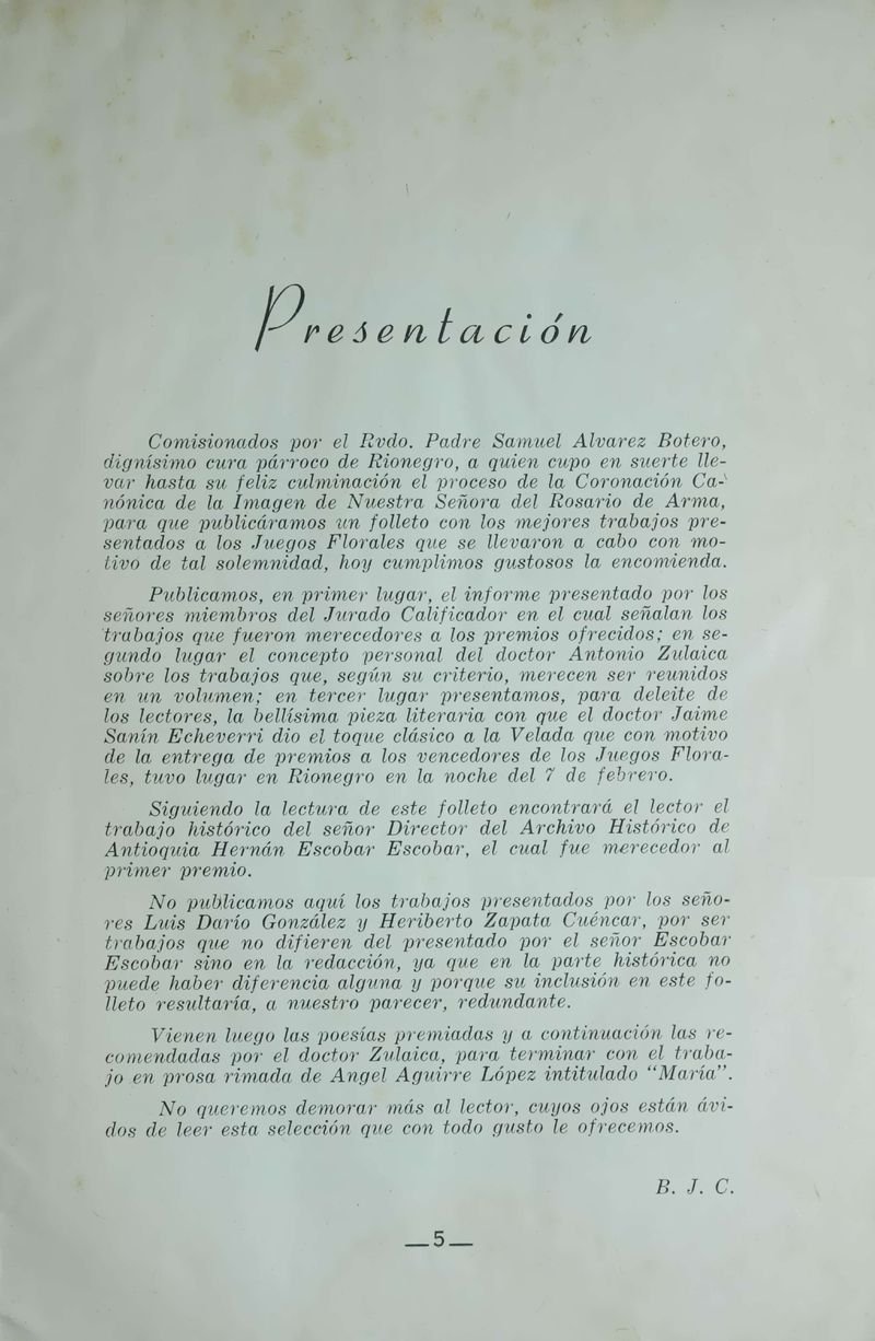 Pagina 7 de Juegos Florales de Rionegro con motivo de la coronación canónica de Nuestra Señora del Rosario de Arma