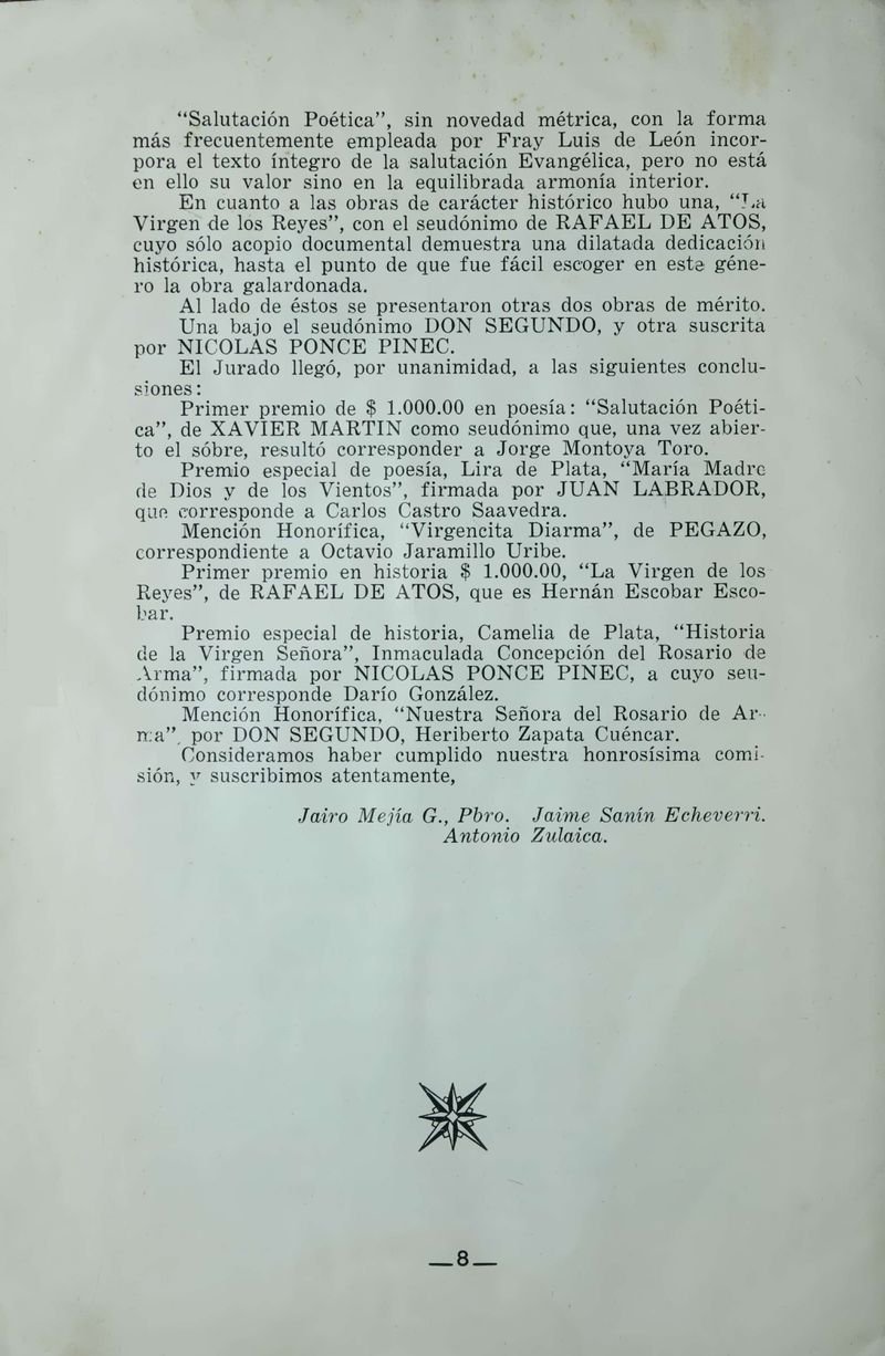 Pagina 10 de Juegos Florales de Rionegro con motivo de la coronación canónica de Nuestra Señora del Rosario de Arma